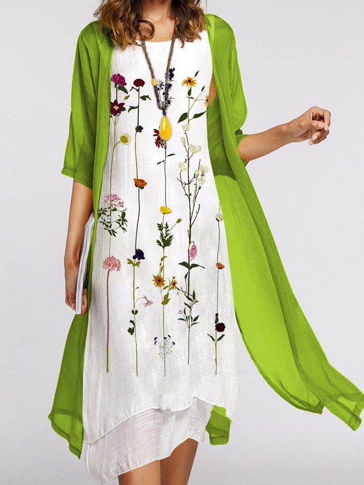 Casual Floral Print Crew Neck Two-Piece Midi Dress
