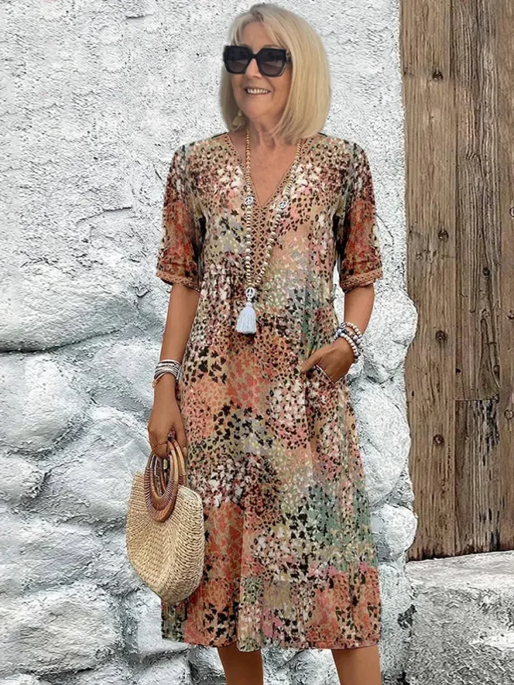 Women's Short Sleeve Summer Leopard V Neck Lace Dress