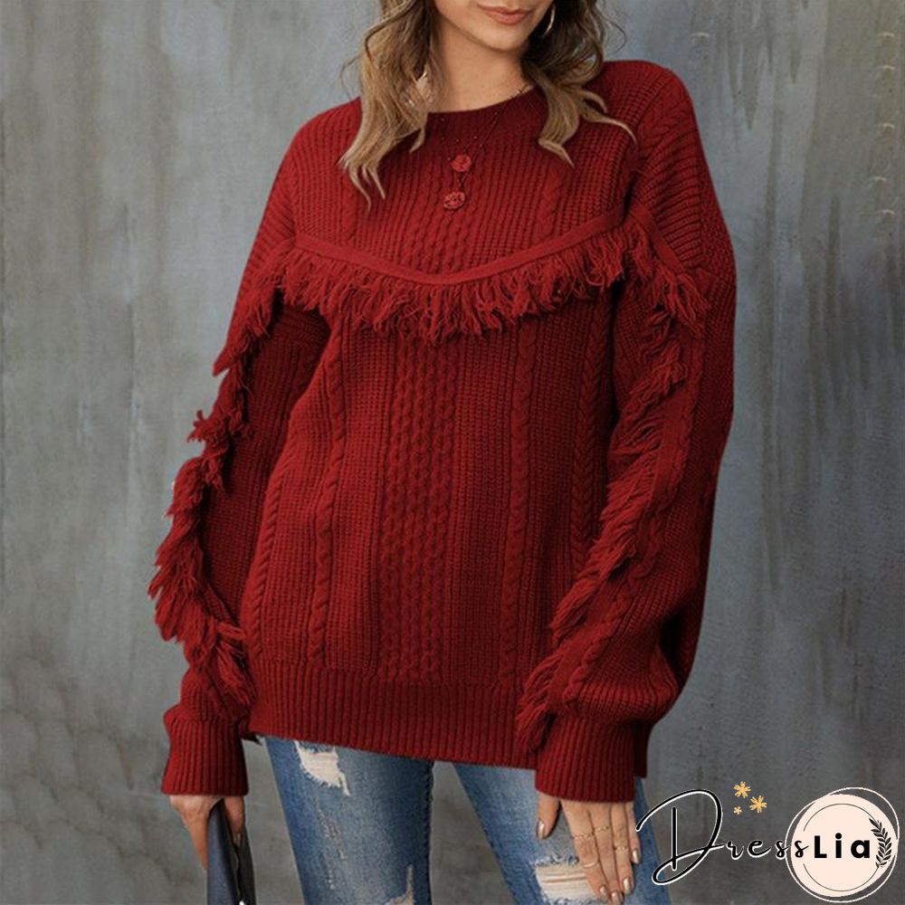 Round Neck Loose Tassel Twist Solid Color Sweater