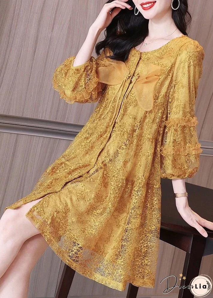 Italian Yellow Ruffled Button Lace Shirt Mid Dress Bracelet Sleeve
