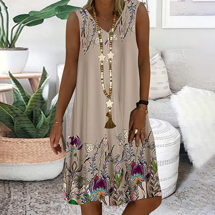 Retro Floral Print Temperament Commuter Loose Fitting Midi Dress