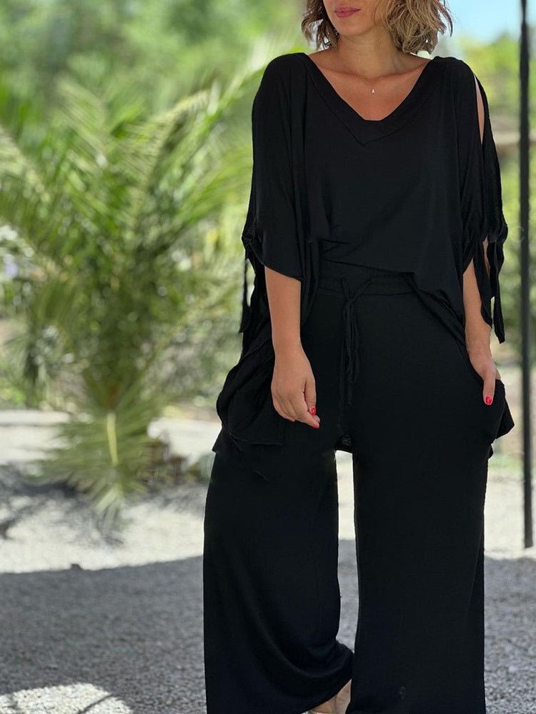 Women Half Sleeve V-neck Solid Color Dress