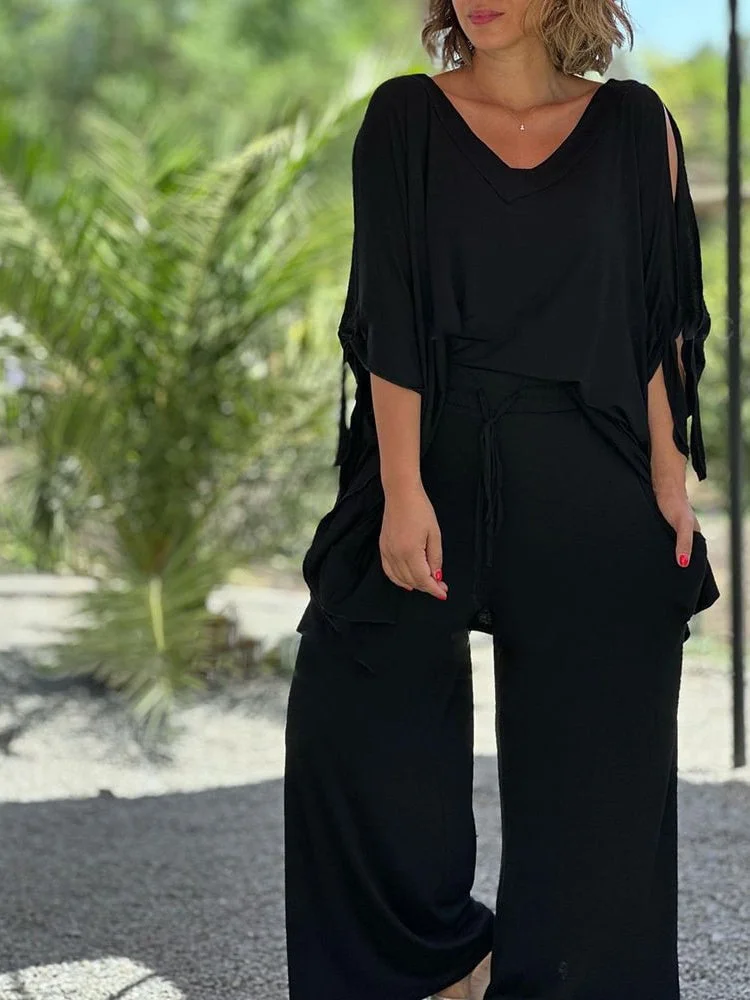 Women Half Sleeve V-neck Solid Color Dress