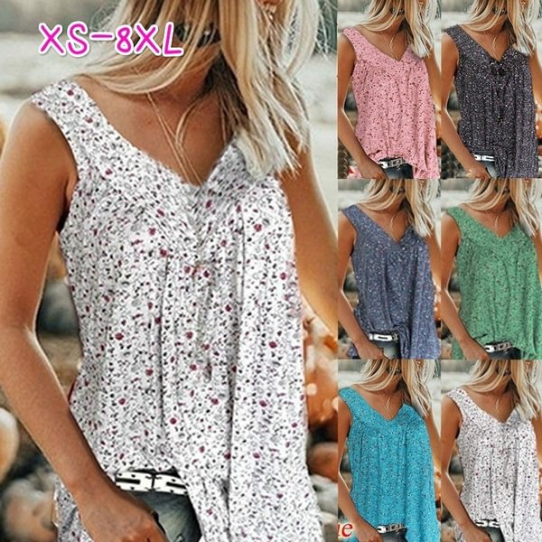 XS-8XL Plus Size Sleeveless Summer Tops Fashion Clothes Women's Casual Floral Printed Blouses Ladies Beach Wear Pleated Shirts Deep V-neck Tank Tops - BlackFridayBuys