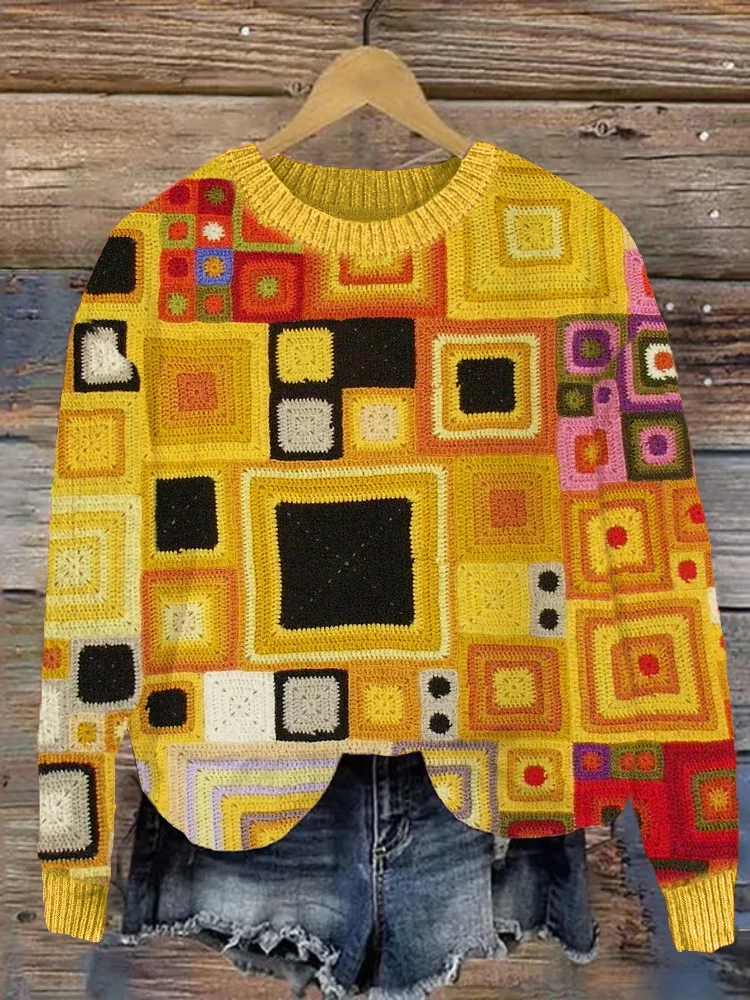 Klimt Inspired Geometric Crochet Cozy Sweater