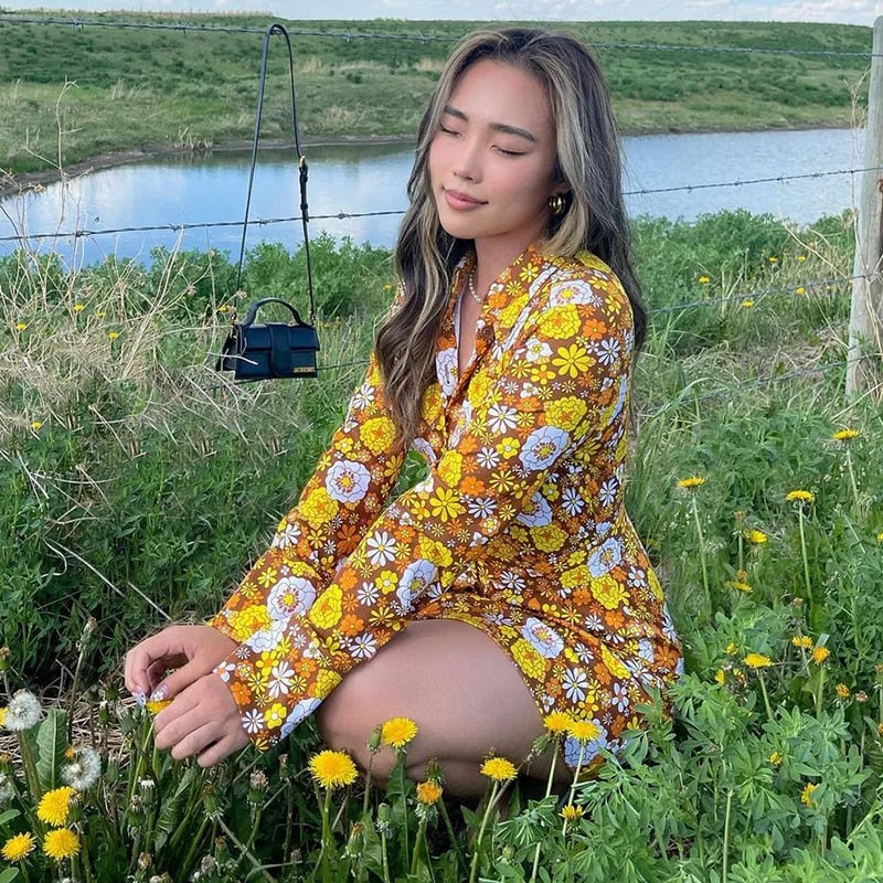 Rapcopter Floral Long Sleeve Mini Dress Turn Down Collar Shirt Dress Women Vintage Autumn Short Dress 2021 New Holiday Bodycon