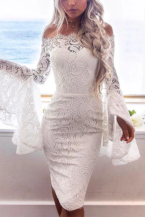 Off Shoulder Bell Sleeves Lace Bodycon Dress