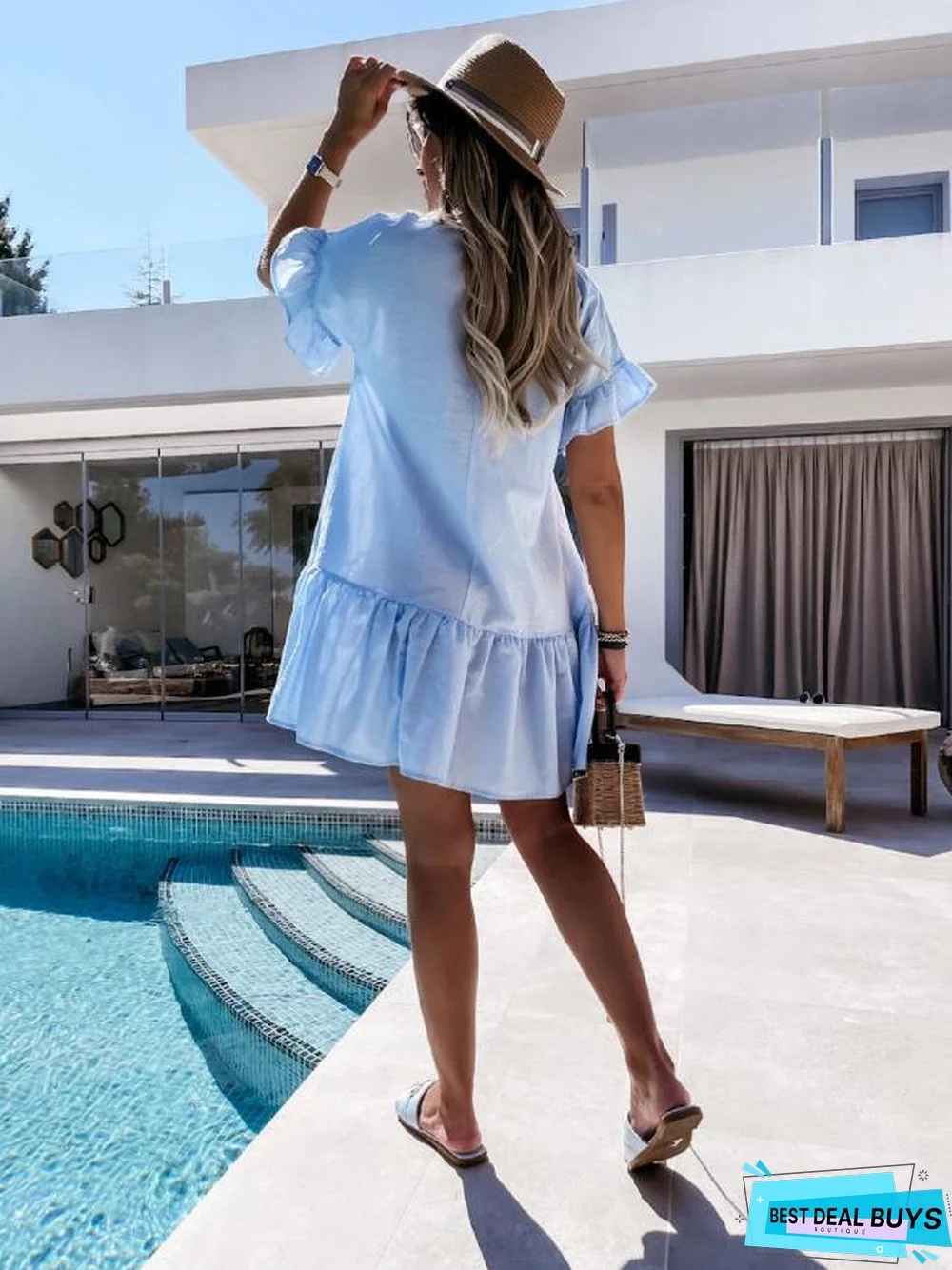 Large New V-Neck Short Sleeve Suspended Beard Pleated Dress