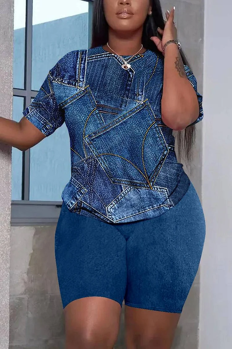 Plus Size Blue Casual All Over Print Short Sleeve Two Pieces Shorts Sets