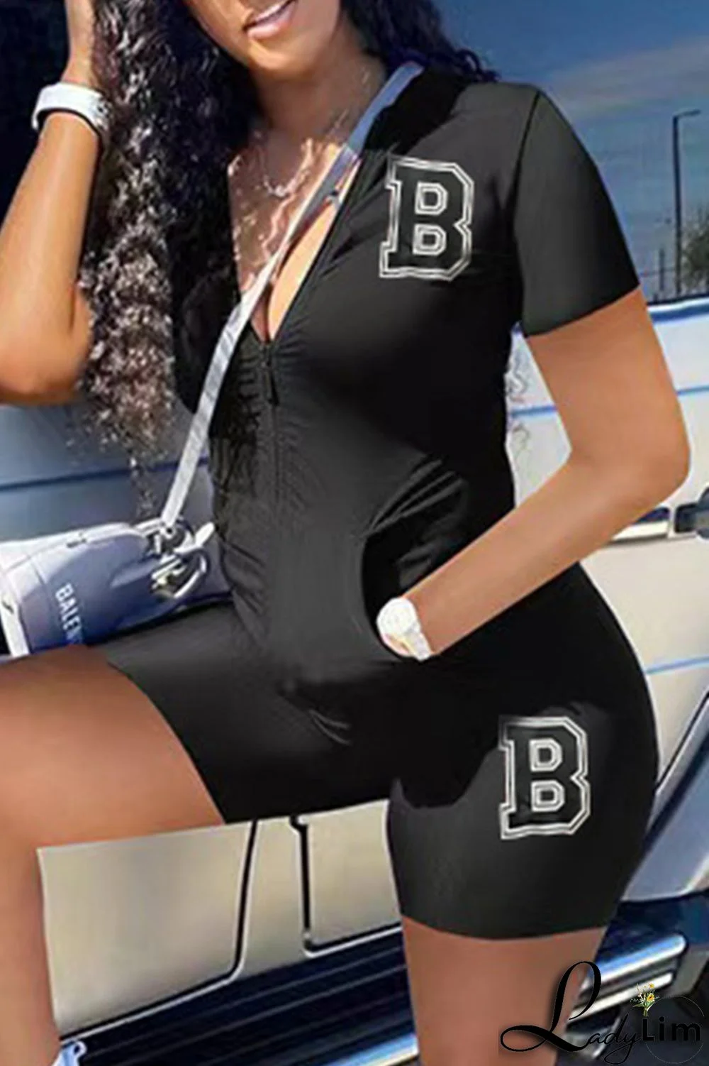 Peacock Blue Fashion Casual Letter Print Basic Zipper Collar Short Sleeve Two Pieces