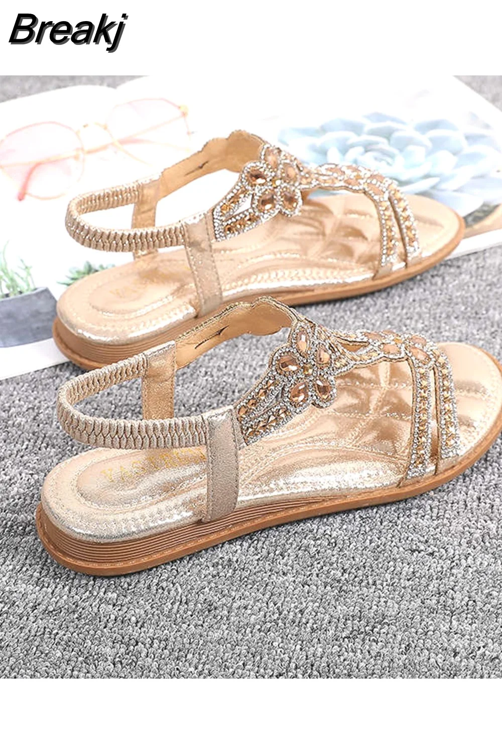 Breakj Casual Silver Ladies Flat Slip on Summer Shoes Woman Bohemia Sandal Rhinestones Large Size 42 43 Sandalia Women Sandals
