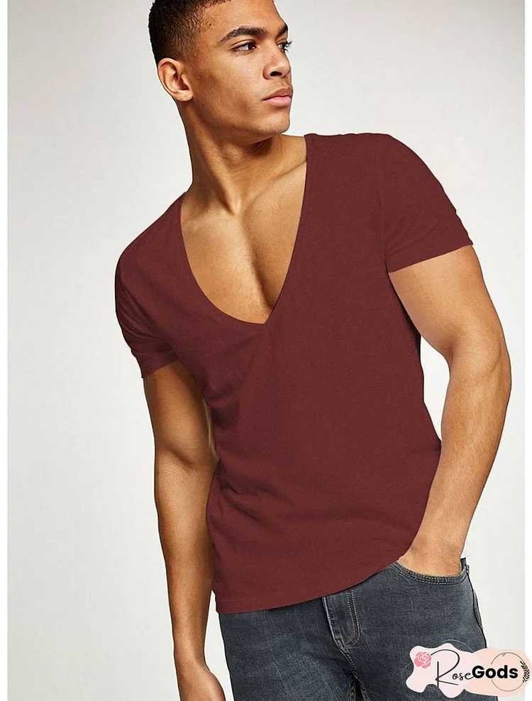 Men's Shirt Non-Printing Plus Size Cotton Tops Cotton Casual / Daily T-Shirt Athletic Wine Red Blue Gray / Summer