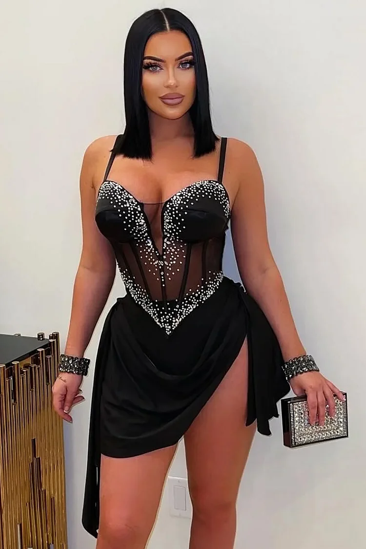 Rhinestone Decor Mesh Corset Ruched Slit Hem Party Slip Mini Dresses-Black
