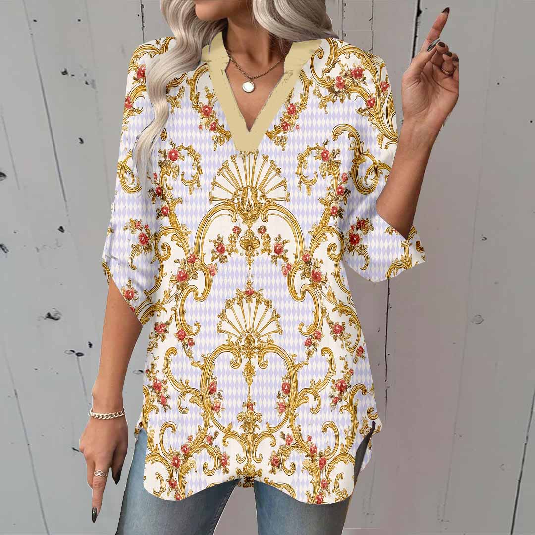 Women Abstract, Gold, Light Purple DZGA0133 3/4 Sleeve V-neck Printed Graphic Button Tops