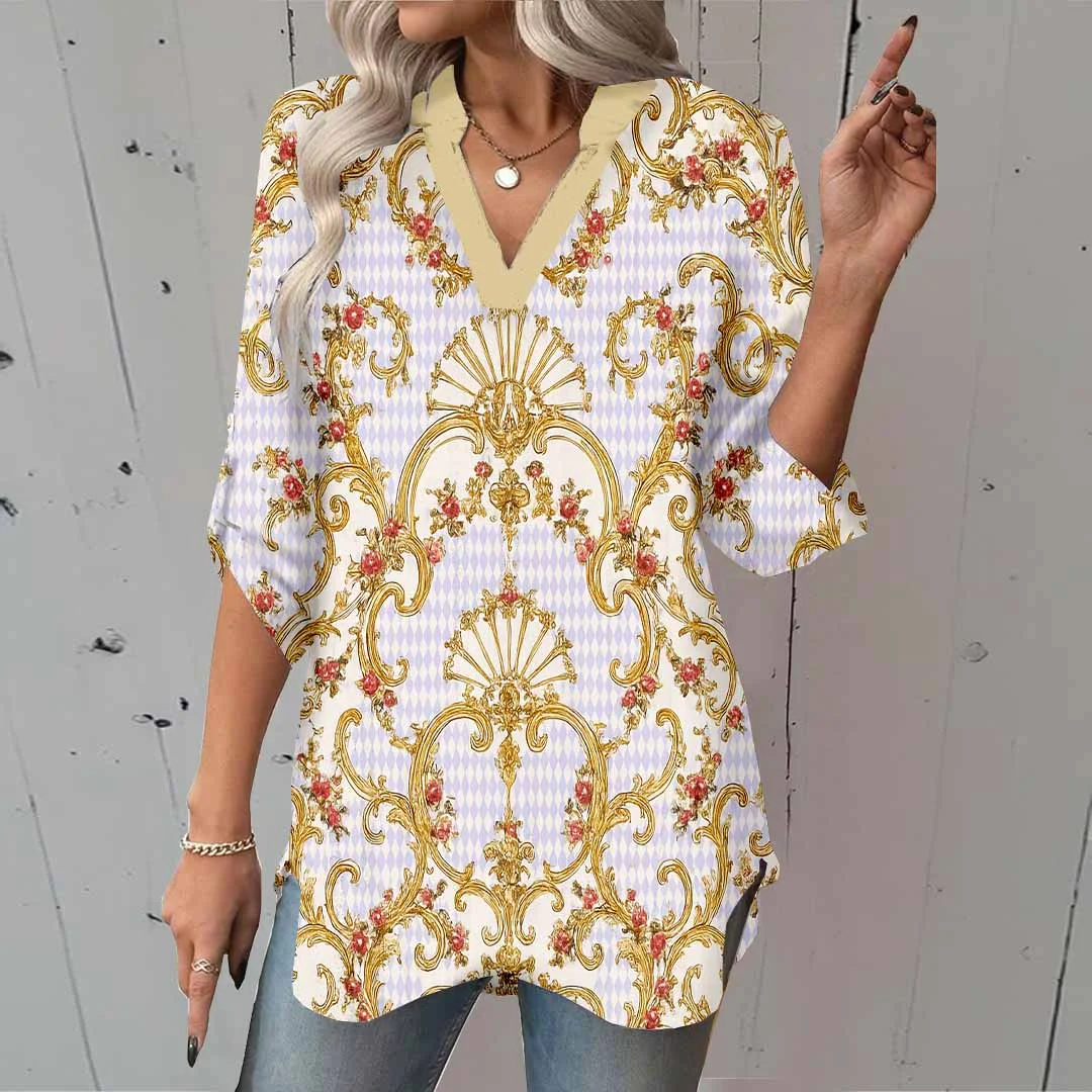 Women Abstract, Gold, Light Purple DZGA0133 3/4 Sleeve V-neck Printed Graphic Button Tops
