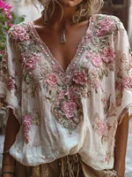 Bohemian-style Pink Floral Embroidery V-neck Short-sleeved Shirt With Sequins