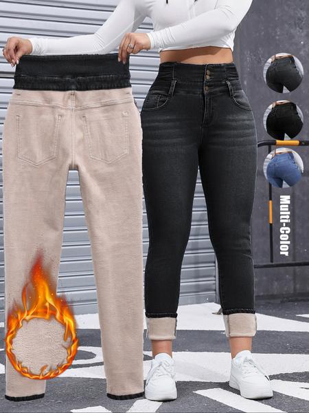 Women's High Elasticity Fleece Lined Thick Denim Jeans, Fall & Winter Fashion, Comfortable Slimming Jeans, Elegant Style Women's High Elasticity Fleece Lined Thick Denim Jeans, Fall & Winter Fashion, Comfortable Slimming Jeans, Elegant Style