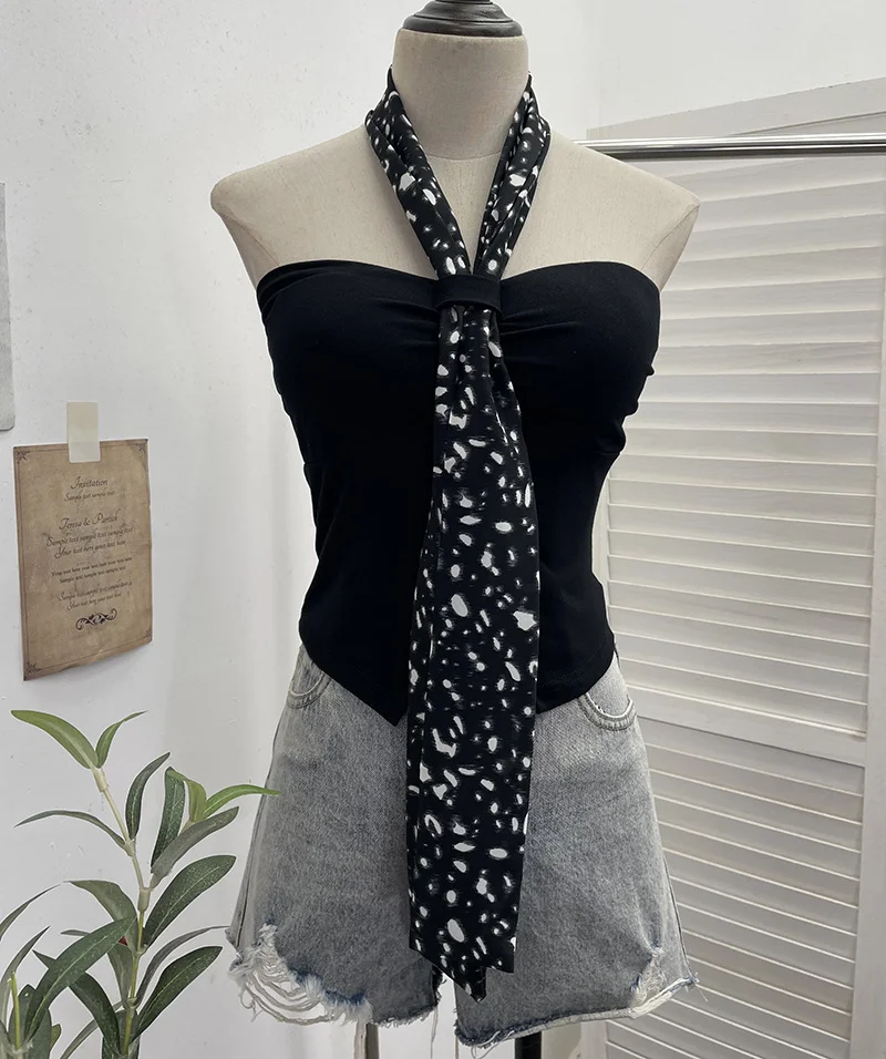 Nigikala Nigikala Shot Leopard-Print Silk Scarf Hanging Neck Design Folded Bra Strap Chest Pad Vest Short Sleeveless Top Lady 9206