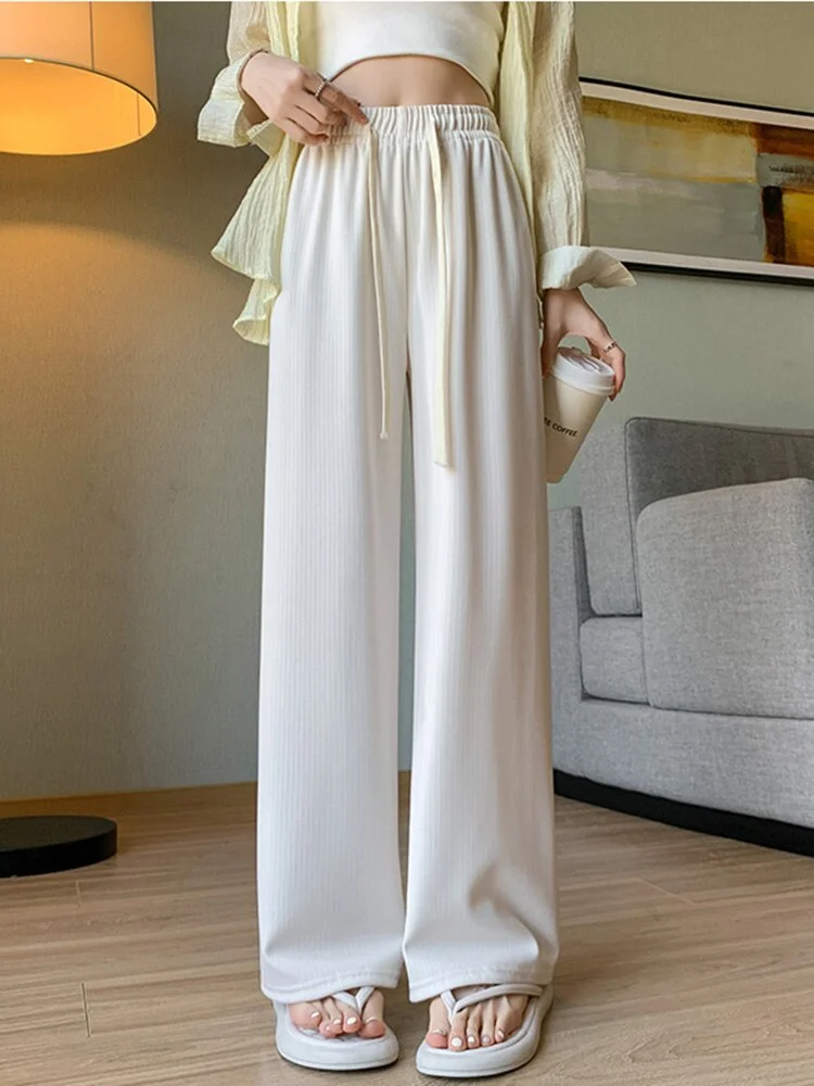 Women Long Pants Spring Summer Elastic Waist Stright Long Wide leg pants 2023 Casual Female Long Knitted Pants Trousers