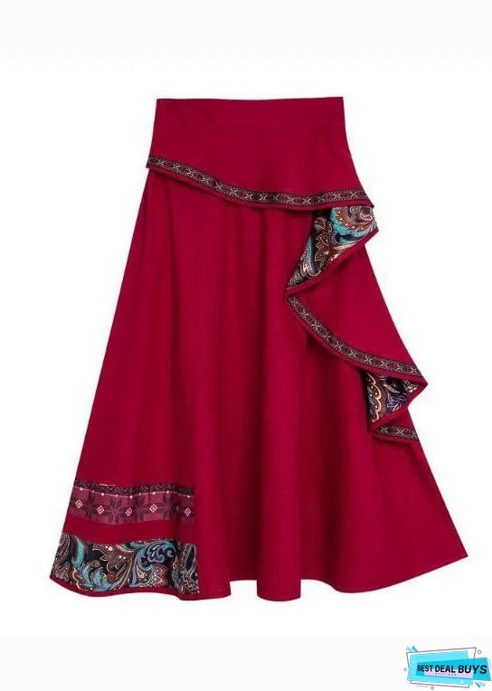 Stylish Red Wrinkled Asymmetrical Design Patchwork Cotton Skirt Spring