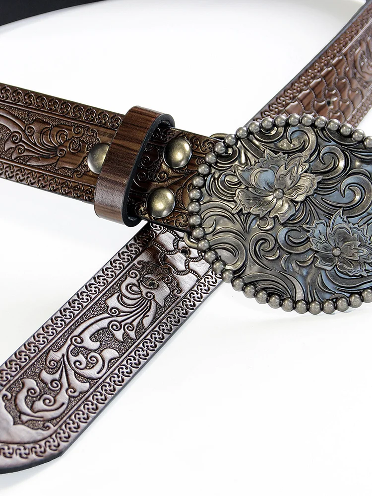 Western Retro PU Leather Floral Carved Belt