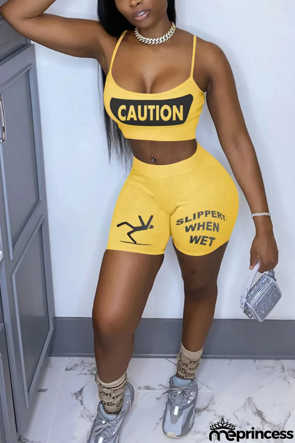 Yellow Polyester Sexy Letter Straight Sleeveless Two Pieces
