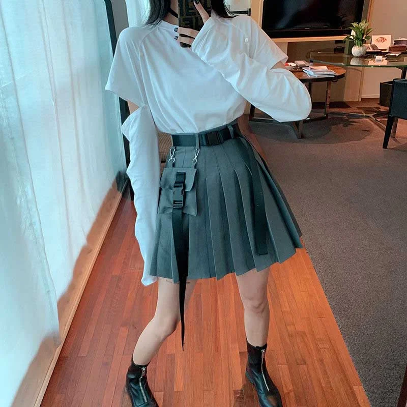 NiceMix black set A-line Women Sexy Mini High Waist Skirt Streetwear Women Punk Style Side Pocket Fashion Design Pleated Skirt