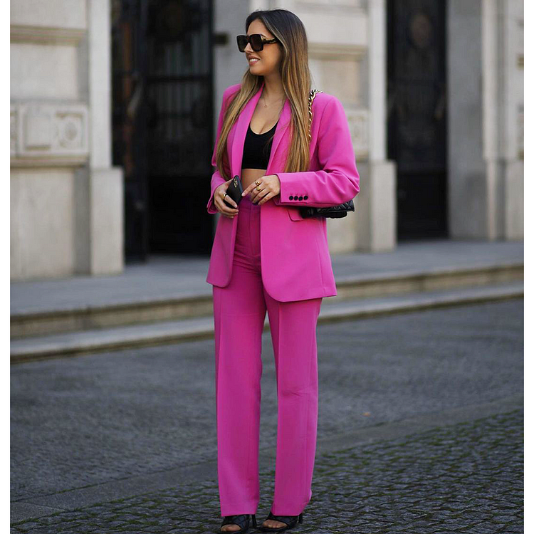 Fashion Pink Solid Color Blazer Two Piece Set
