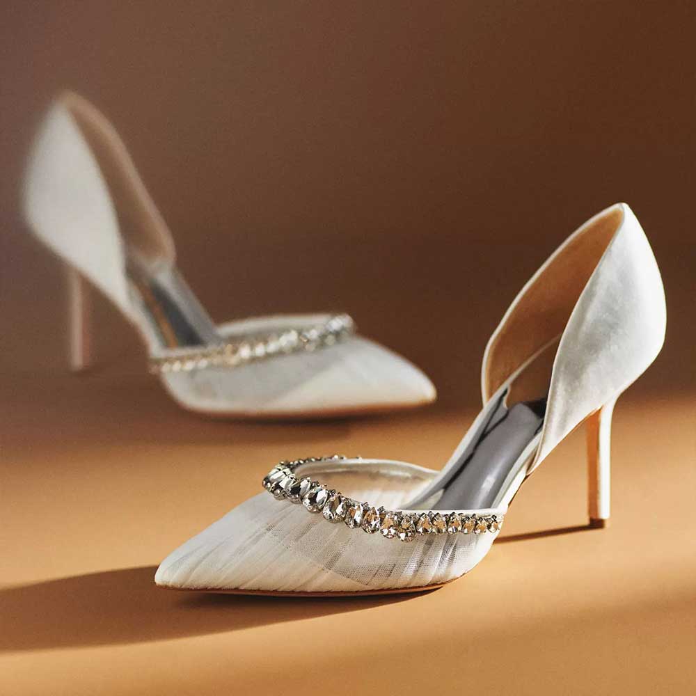 White Pointed Toe Kitten Heel Ruched Rhinestone Wedding Heels Nicepairs
