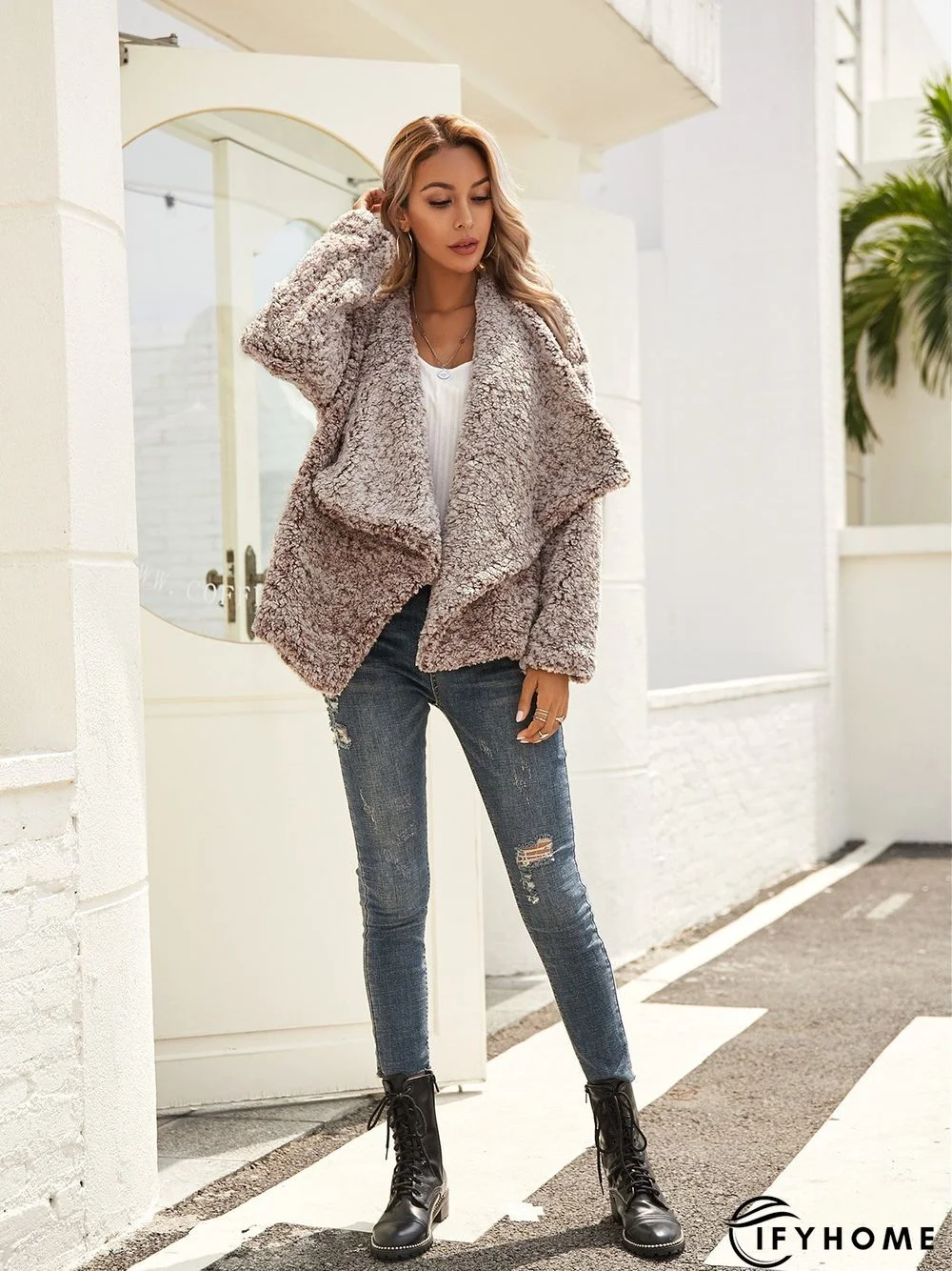 Brown V Neck Cotton-Blend Long Sleeve Plain Jacket | IFYHOME