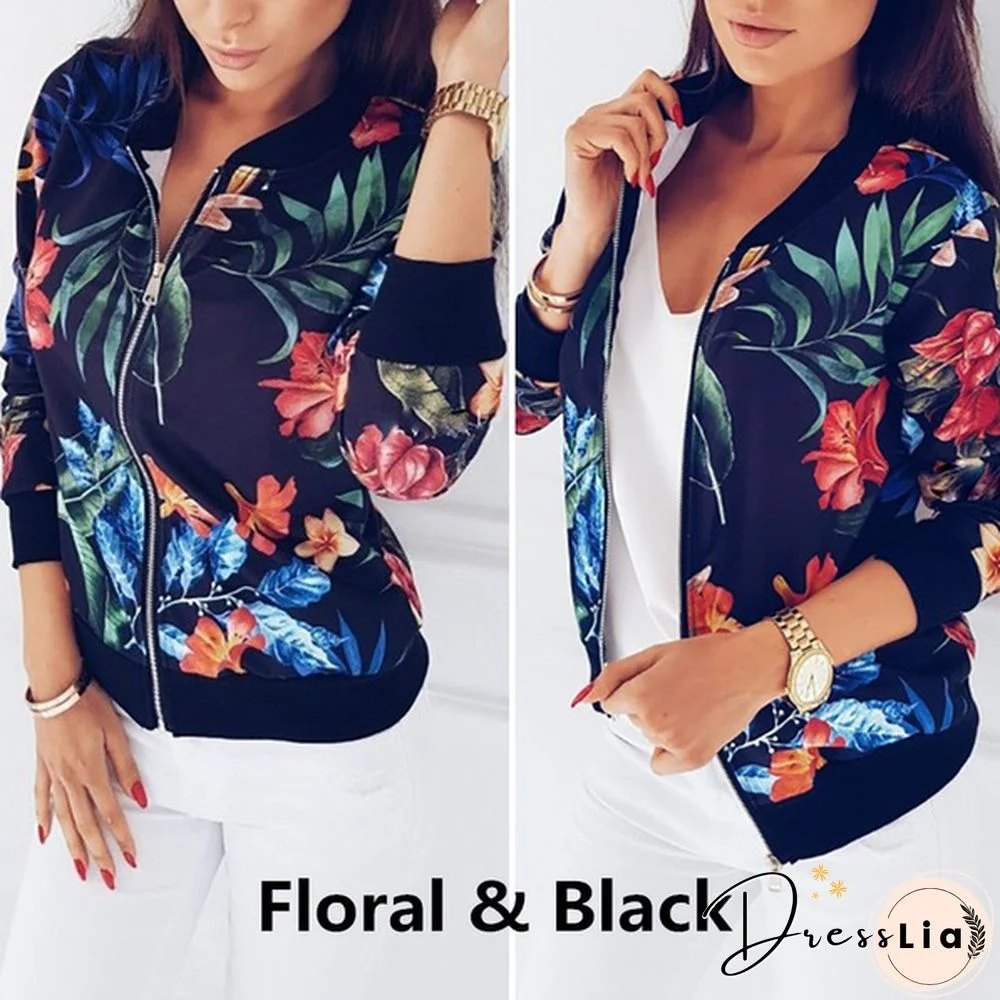 New Spring Aturmn Fashion Womens Retro Floral Zipper Bomber Jacket Baseball Casual Coat Female Tops Plus Size S-5XL