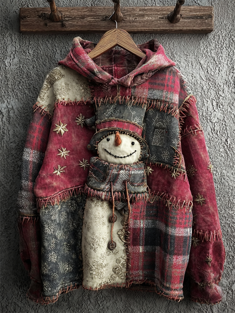 Vintage Snowman Plaid Colorblock Patchwork Hoodie