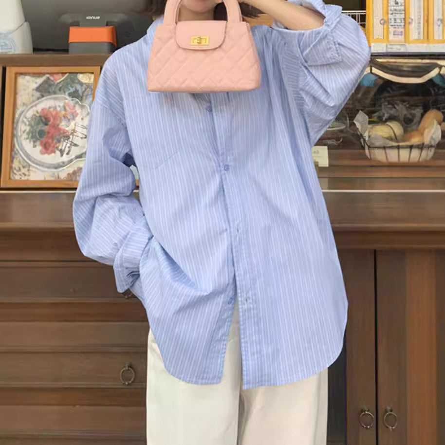 Aiertu curvy casual outfits High-End Blue Striped Shirt Women's Korean-Style Early Autumn New Loose Long-Sleeved Shirt Niche Top aiertu