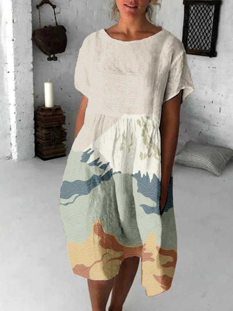 Comstylish Vintage Japanese Art Flowy Midi Dress