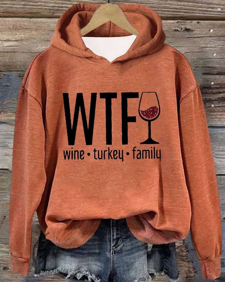 Women's Wine Turkey Family Print Long Sleeve Hoodie With Pocket