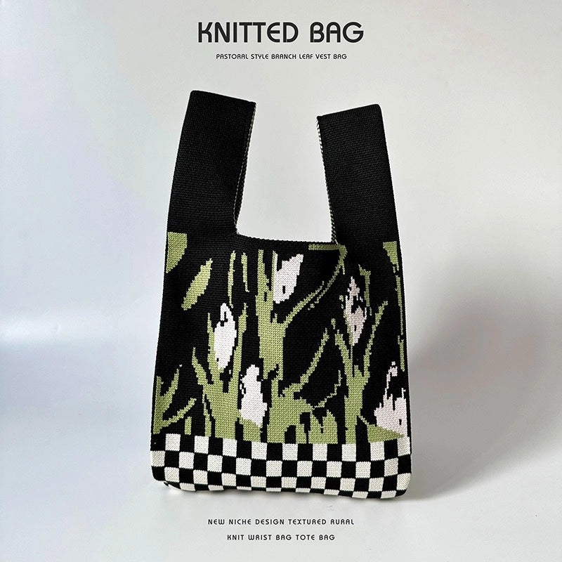 Women’s Medium Knit Letter Flower Cute Vintage Style Square Open Handbag