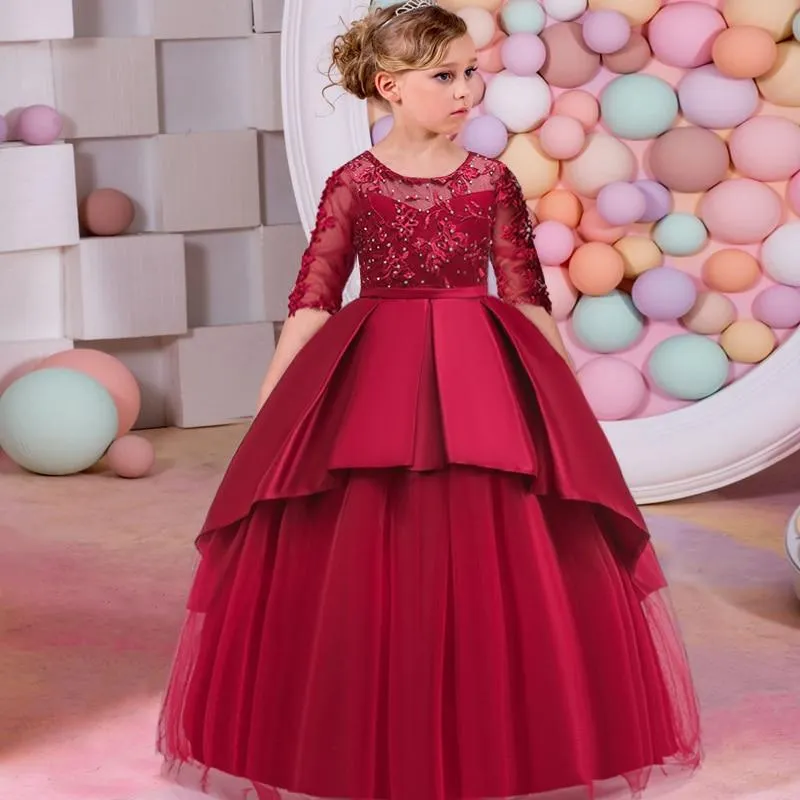 2021 Summer Long Sleeve Flower Girl Dress Elegant Kids Dresses For Girls Party And Wedding Bridesmaid Princess Dress 10 12 Years