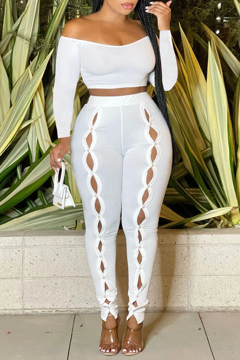 White Sexy Solid Patchwork Off the Shoulder Long Sleeve Two Pieces