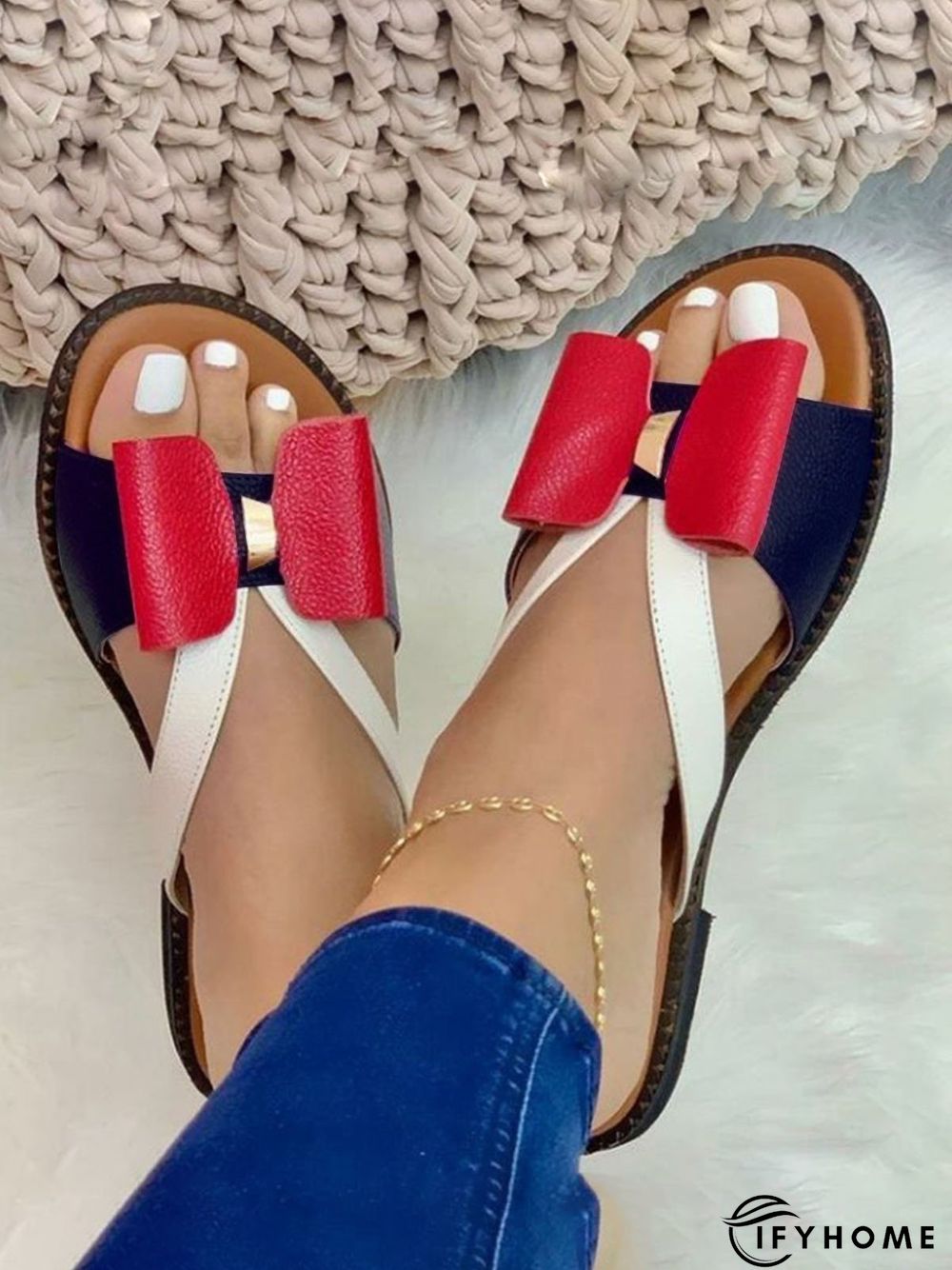 Contrast Paneled Bow Flat Slippers | IFYHOME