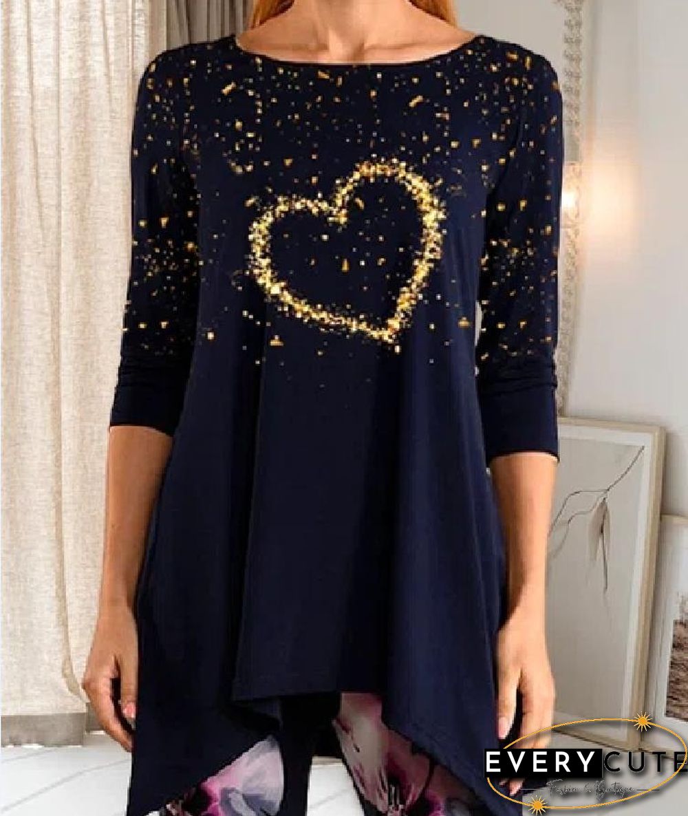 Open Shoulder Heart Printed Asymmetrical Shirt