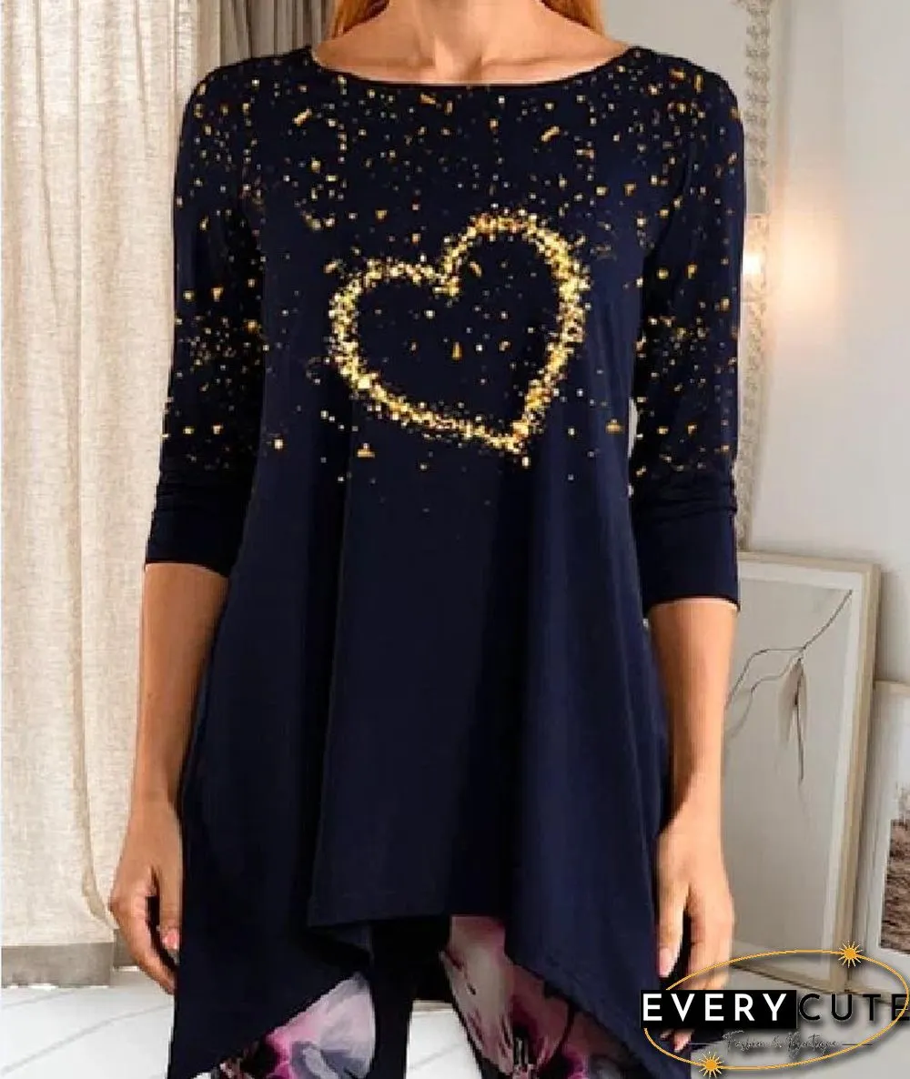 Open Shoulder Heart Printed Asymmetrical Shirt