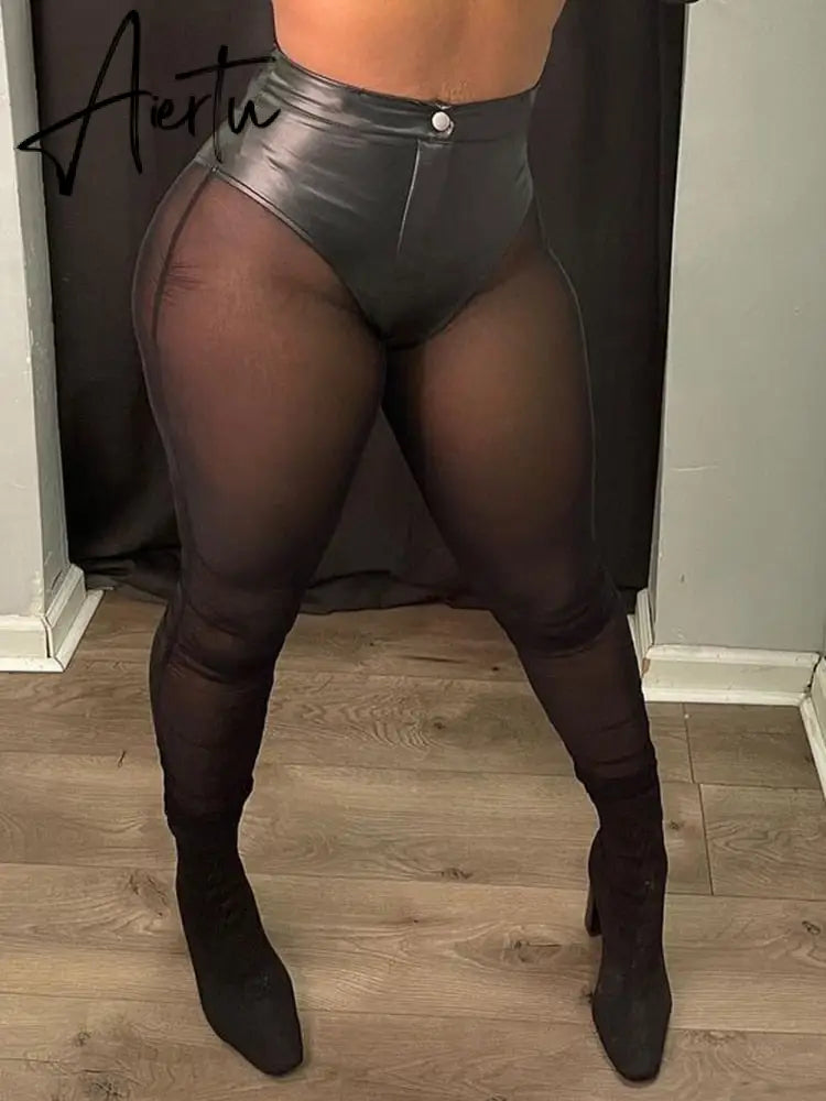 Aiertu  Mesh Patchwork See Through High Waist Slim Pants Women Fashion Sexy Streetwear Party Casual Leggings Y2K Aiertu
