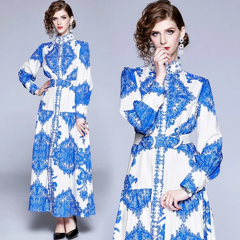 Women's retro printed long-sleeved big dress