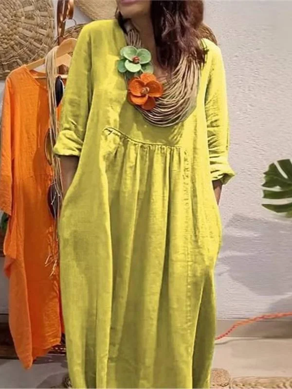 Athvotar Athvotar Spring And Summer Women's V-Neck Casual Solid Cotton Pocket Dress