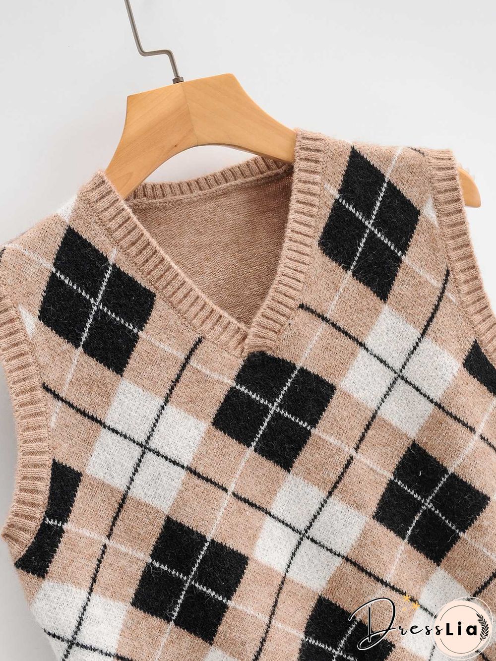 Checkered Cropped Knitted Tank Argyle Sleeveless Jumper