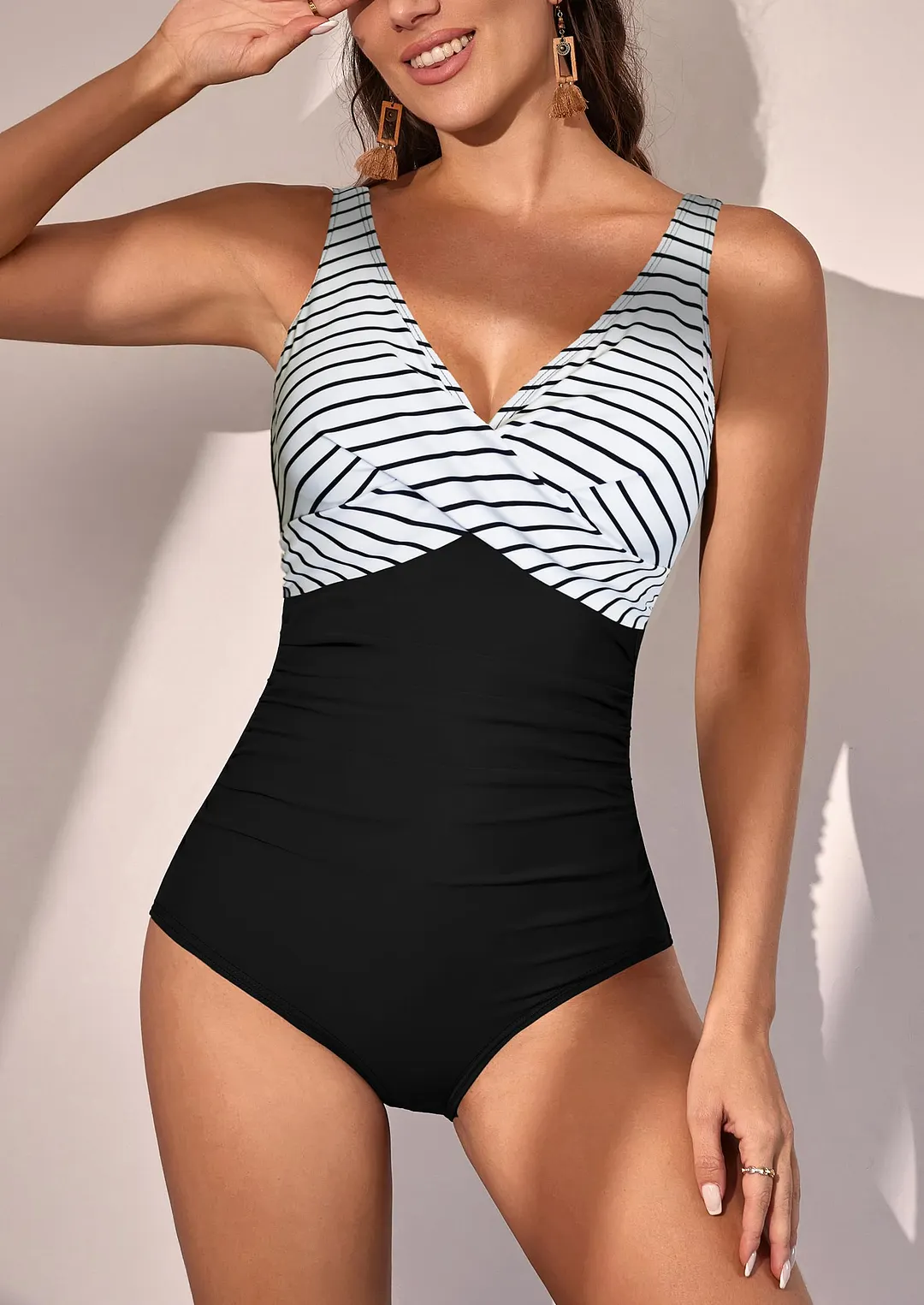 V Neck Ruched Wrap Tummy Control One Piece Swimsuit