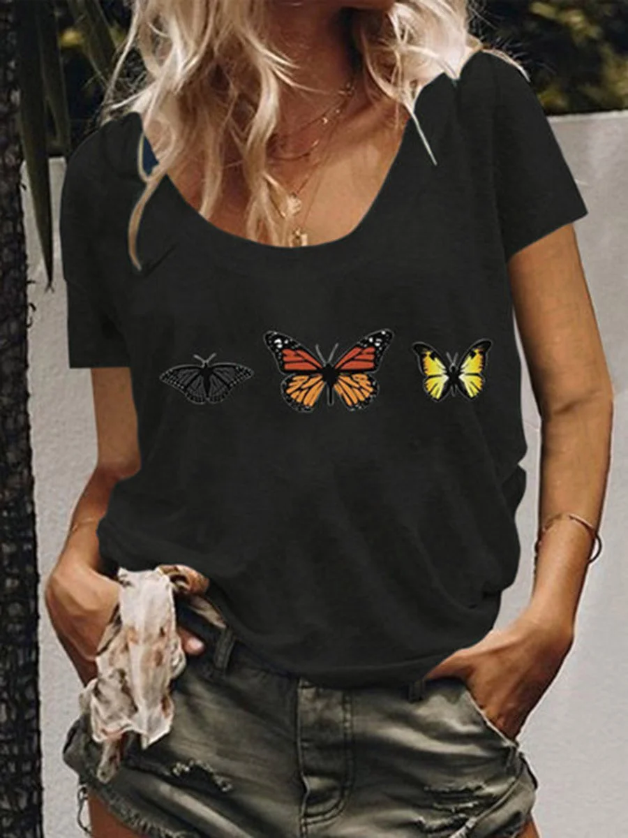 Scoop Neck Butterfly Printed T-shirt
