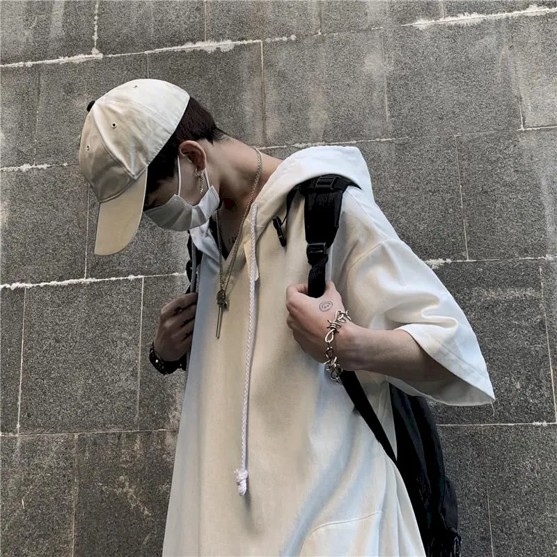 Punk Overized Tshirt Women T Shirt Men Summer/autumn Hooded Short-sleeved T-shirt Men Trendy Men's Korean Students Loose Hooded