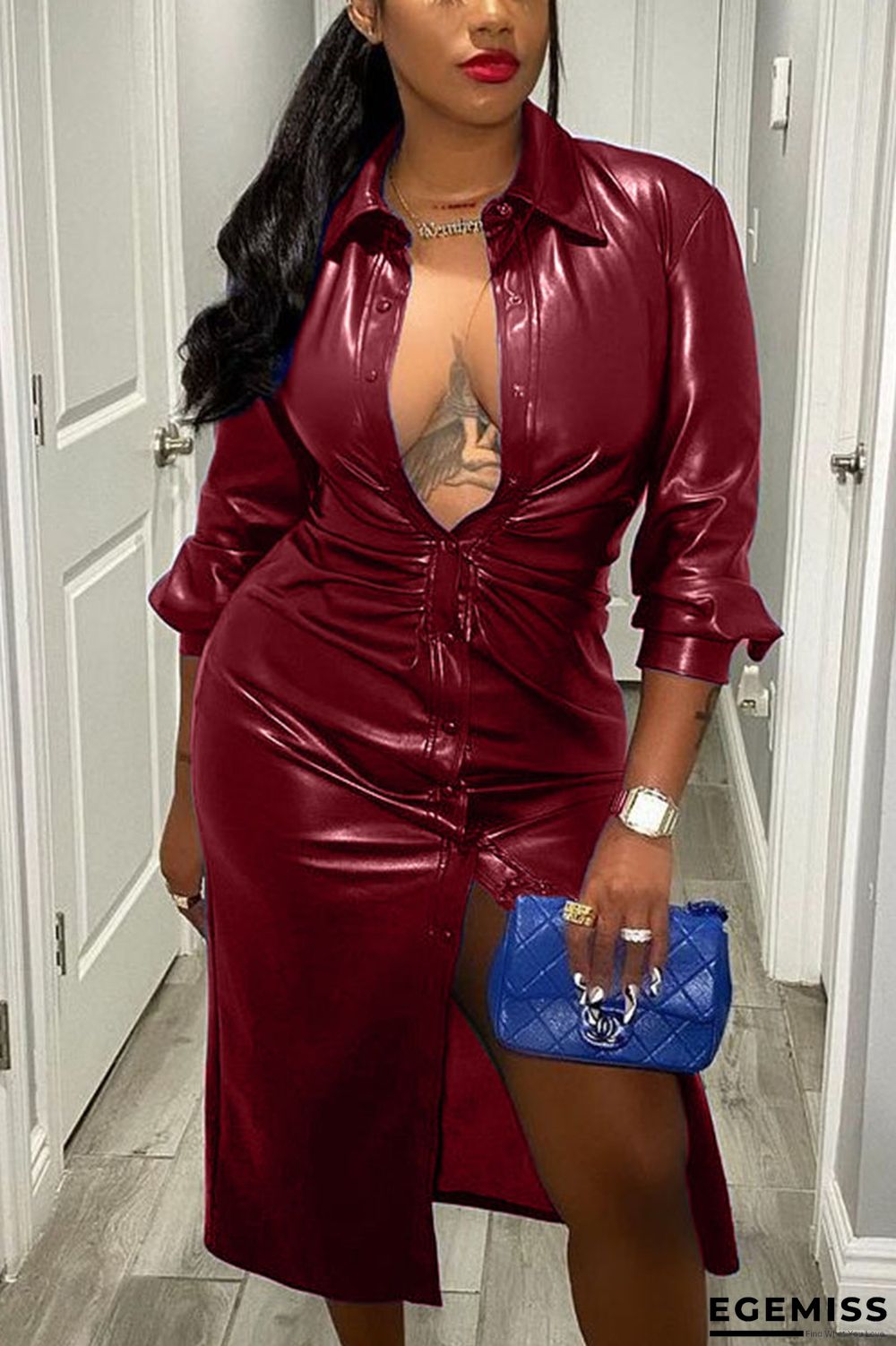 Wine Red British Style Solid Turndown Collar Outerwear | EGEMISS