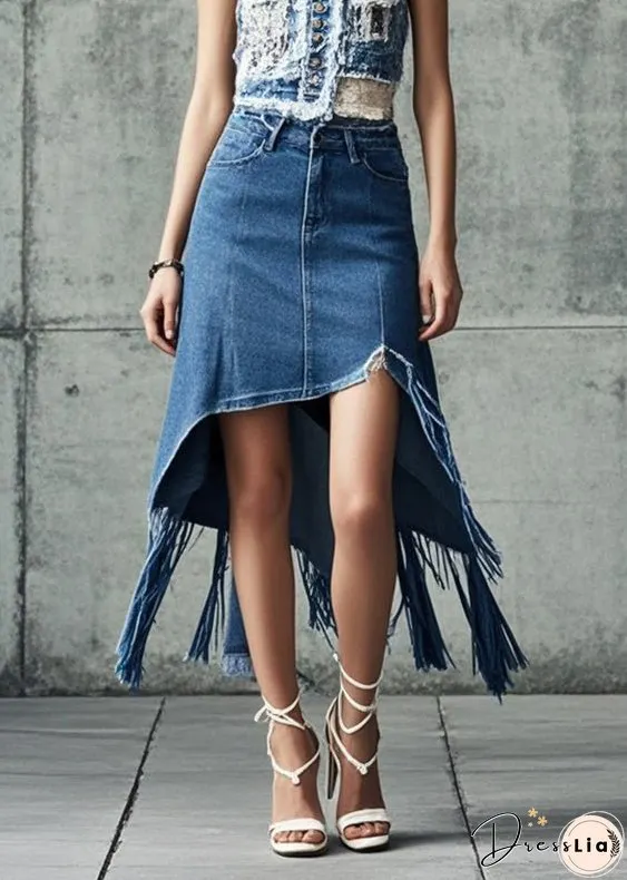 Style Blue Tasseled Asymmetrical Design Denim Skirt Fall